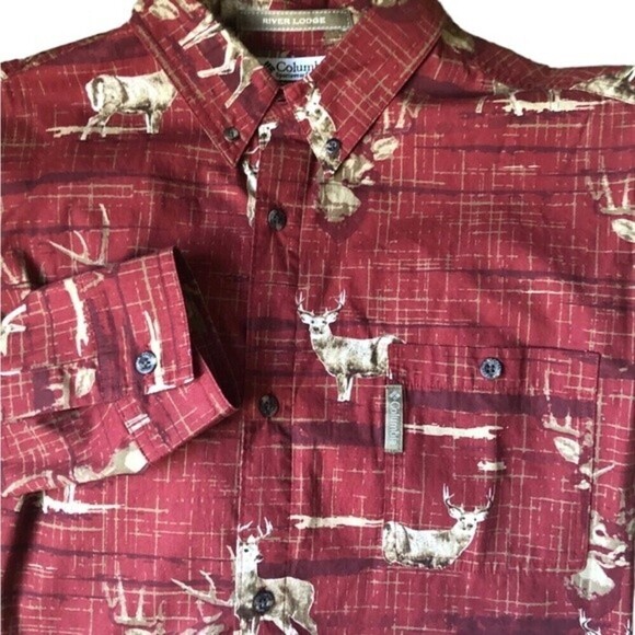 Columbia River Lodge Button Down LS Shirt XL Deer Buck Printed Rust Holiday Gift - Picture 1 of 7